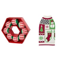 Medium Dog Holiday Knit Ugly Sweater &amp; 8 Pack Tennis Ball Toy Wreath 2 Pc Set - £13.40 GBP