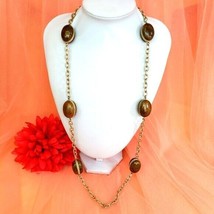 Baskin Brothers Brown Lucite Bead Statement Necklace 34&quot; Long Gold Tone Chain - £14.16 GBP