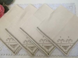 Set/4 Vintage Hand Embroidered Linen Napkins w Cutwork Pulled Thread Ivory - £11.76 GBP