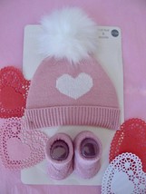 NWT Catherine Malandrino Baby Valentine Heart Hat &amp; Bootie Set Pink Sparkle 0-12 - £7.98 GBP