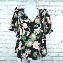 Who What Wear Womens Blouse XS Black Floral Short Sleeve Split Neck Ruffle Boho - $17.99