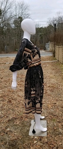 Vintage 1970s Fit & Flare black secretary Semi Sheer Leaf Print Midi Dress W28" Item image 5