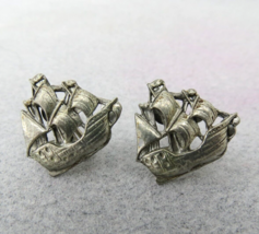 Vintage Pewter Clipper Ship Earrings Screw Back Sail Boat .75&quot; Estate Find - $9.89