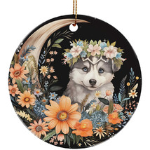 Funny Siberian Husky Puppy Dog Moon &amp; Flower Christmas Ornament Ceramic Gift - £11.83 GBP