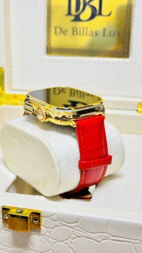 24k Gold Plated Apple Watch ULTRA 2 49mm Red Leather Band 24k Gold Buckle Item image 12