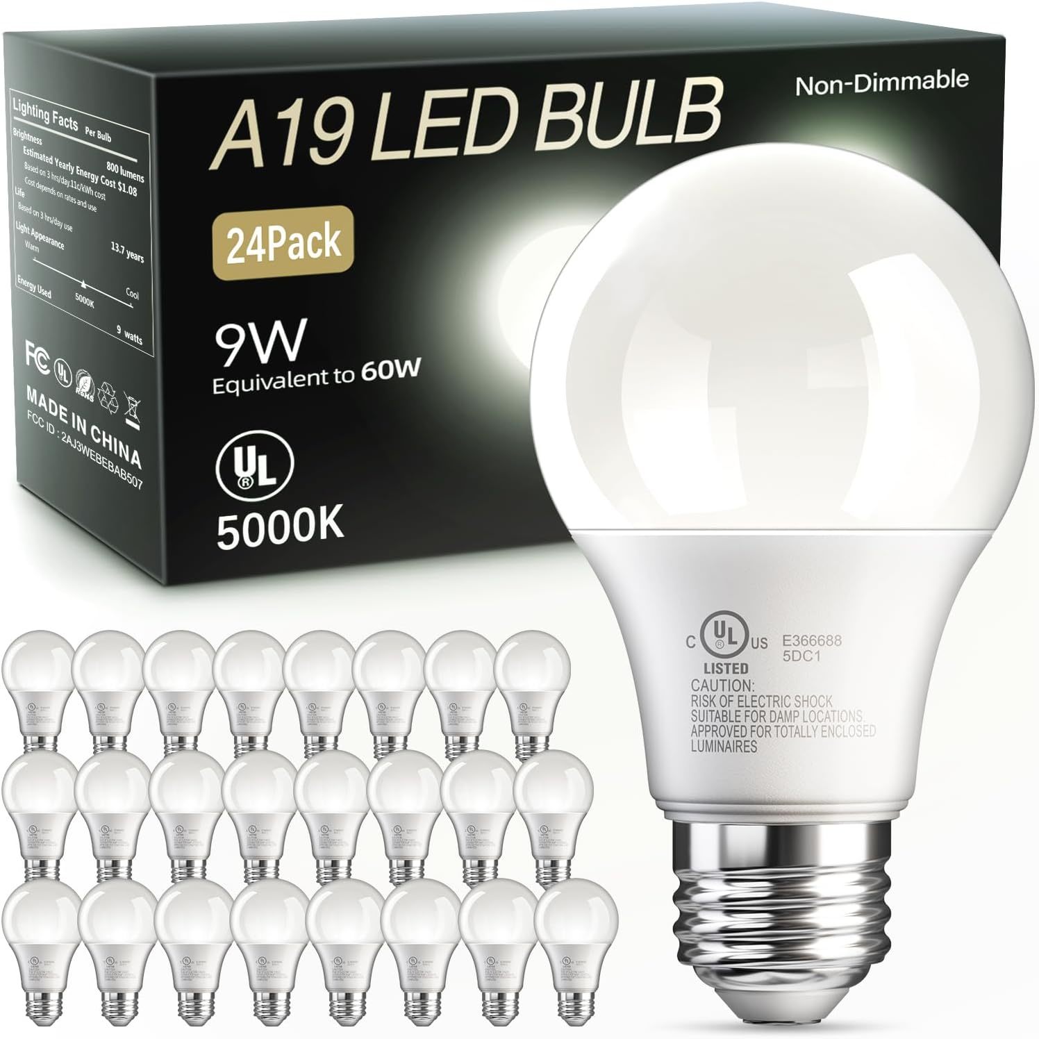 Tjoy 24 Pack A19 Led Light Bulbs, 60 Watt Equivalent Led Bulb,, Ul Listed - $32.99