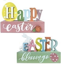 2 pcs Happy Easter Decorations Colorful Eggs Bunny Table Sign Wooden Tab... - $13.91