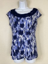 Ann Taylor Womens Size S Blue Brushstroke Knit Scoop Blouse Cap Sleeve - $7.59