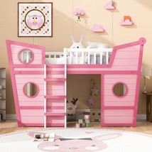 Voohek Twin Size Loft Bed, Wood Bed-Frame Boat Shaped With Underbed, Pink - £417.54 GBP