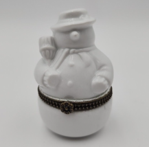 White Snowman With Hat &amp; Broom Porcelain Hinged Trinket Box - £10.72 GBP