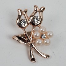 Vintage Statement Brooch Tulips Rhinestones Faux Pearls 1 Inch Pin - £10.05 GBP