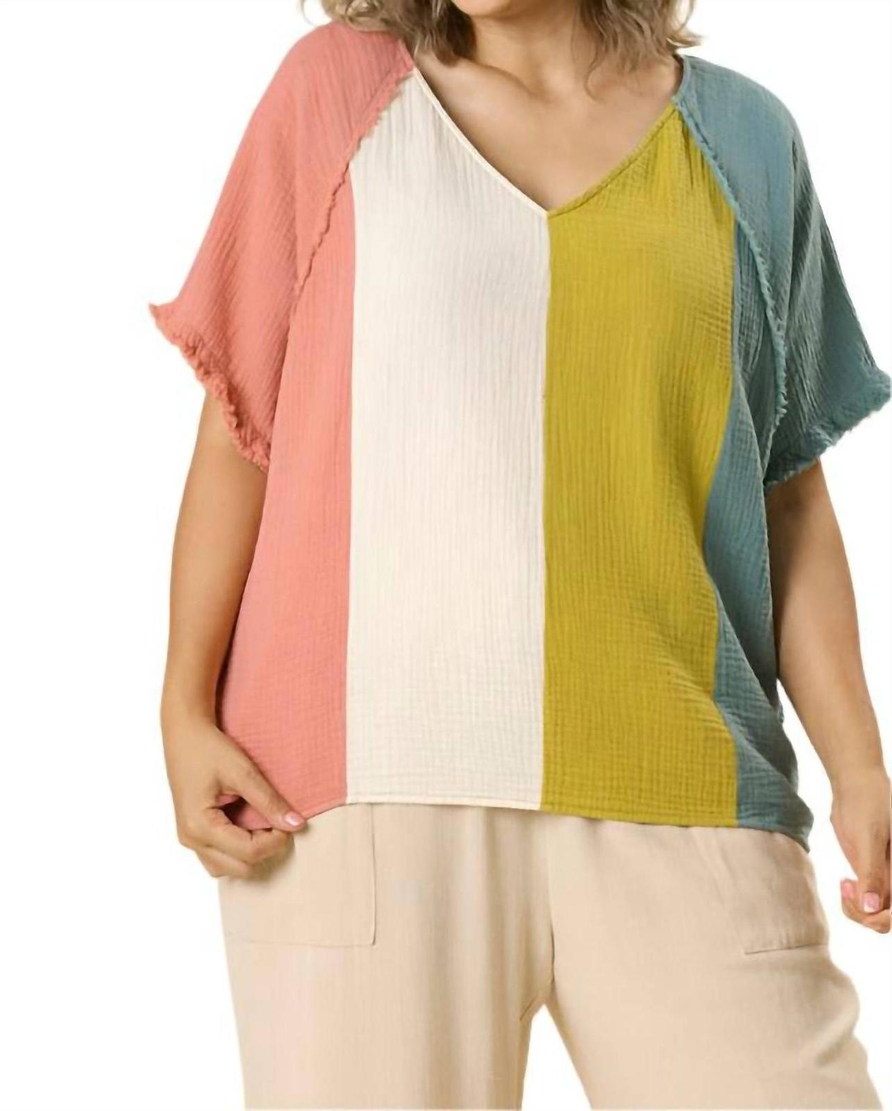 Umgee Color Block Cotton Gauze Top Mint &amp; Peach - $44.00