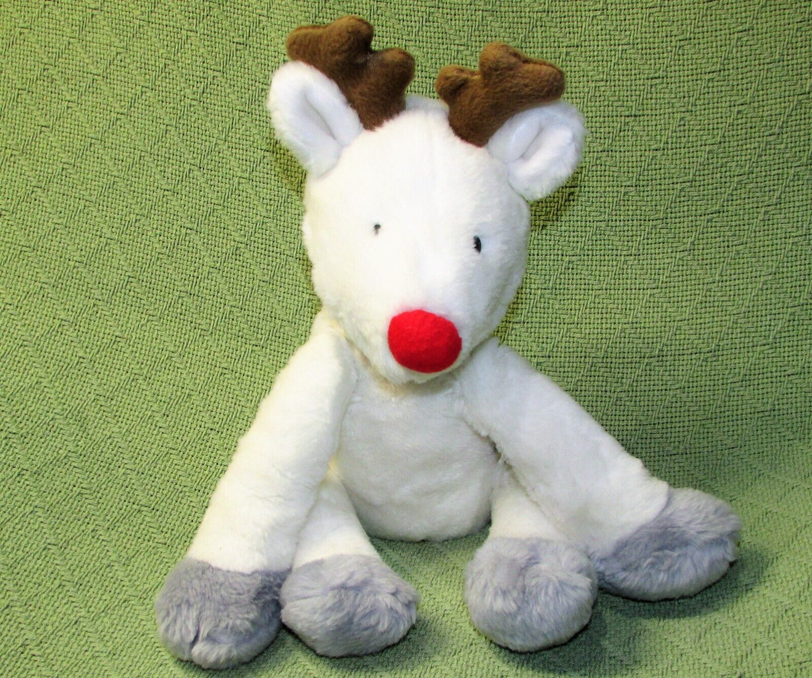 LE TOP PLUSH REINDEER 10" WHITE STUFFED ANIMAL GREEN COLLAR RED NOSE ANTLERS TOY - $22.50