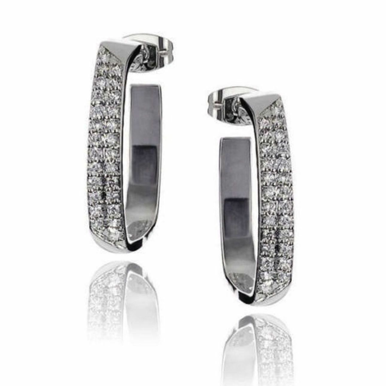 Pave Set Diamond Alternatives Square Geo Hoop Earring 14k White Gold over Base - $29.15