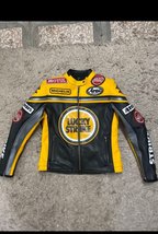  Men Motorcycle Lucky Strike Yellow Racing Genuine Leather Jacket  All S... - £148.82 GBP