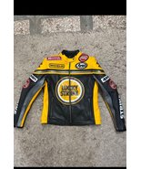 Men Motorcycle Lucky Strike Yellow Racing Genuine Leather Jacket  All S... - £152.24 GBP