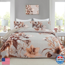 Khaki Quilt Set King Size Bedding Set 3 Pieces Boho Floral Quilt Bedspre... - $39.30