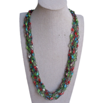 Red Green Multicolor Crochet Ribbon Multi Strand Necklace Lightweight Jewelry - £8.72 GBP
