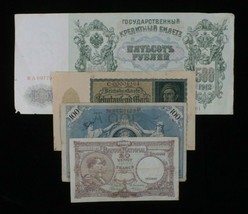 Belgium, Germany &amp; Russia Misc 4-Notes Lot // Francs, Mark &amp; Rubles - $49.50