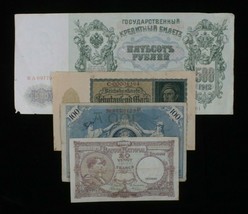 Belgium, Germany &amp; Russia Misc 4-Notes Lot // Francs, Mark &amp; Rubles - £39.56 GBP