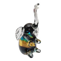 Unique Vintage Hand Made Art Gold Blue Glass Sitting Elephant Figurine 6.5&quot; Tall - £19.37 GBP