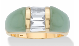 Green Jade White Topaz Gp Dome Ring 14K Gold Sterling Silver 6 7 8 9 10 - £235.36 GBP