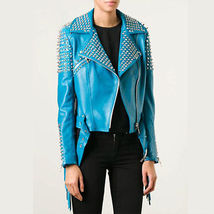 Woman Full Blue Punk Brando Spiked Studded Leather Jacket, Woman Fringe ... - $220.00