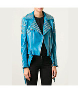 Woman Full Blue Punk Brando Spiked Studded Leather Jacket, Woman Fringe ... - $4,188.69 MXN