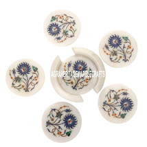 White Marble Coffee Coaster Set Lapis Lazuli Stone Inlay Kitchen Art Dec... - £119.58 GBP