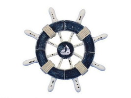 [Pack Of 2] Rustic Dark Blue and White Decorative Ship Wheel With Sailboat 6&quot; - £38.41 GBP