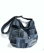 Recycled Denim Shoulder Bag: Jeans Handbag with Leather Accents - $130.00