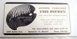 1958 Hawaii Ad Marek Apartment Hotel, Honolulu, Hawaii - £6.38 GBP