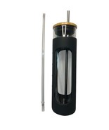 Glass Water Bottle Bamboo Lid Metal Straws 20oz Black Silicone Sleeve NEW - $341.80 MXN