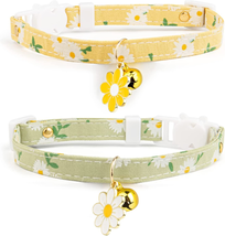 2 Pack Cotton Breakaway Cat Collar with Bell,Yellow&amp;Green Flowers Pendant Cute C - £9.13 GBP