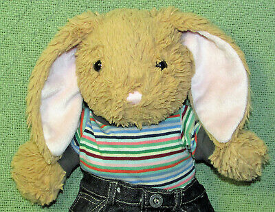BUILD A BEAR 15" BUNNY Rabbit Tan Stuffed Animal DENIM JEANS Pants Striped Shirt - $15.75