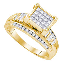 Yellow-tone Sterling Silver Princess Diamond Square Cluster Bridal Wedding Ring - £322.46 GBP
