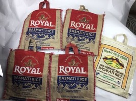 Lot of 5 Royal Basmati Burlap Rice Bags Totes Red Tan Handles, Zippers! - $24.74