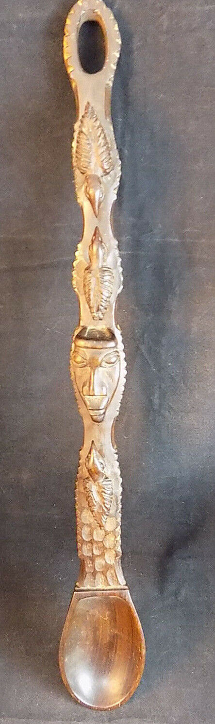Carved Ornamental Wooden Spoon Wall Decor African Motif Birds and Face  ... - $23.75