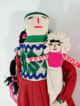Primitive Folk Art Cloth Doll w/Baby Braids Dress VTG Handmade 9&quot;T Red G... - £9.66 GBP