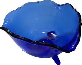 Cobalt Blue Glass Candy Dish Centerpiece Accent Footed Bowl with Ruffled Edge - £13.55 GBP