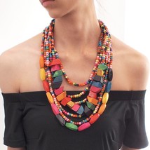 Wood Bead Necklaces Bohemian Multilayer Handmade Statement Necklace Jewelry Gift - £15.72 GBP