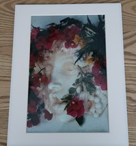 Vtg photo print of Victorian era engraving lady with floral crown wreath matted - £15.72 GBP