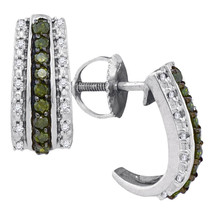 10k White Gold Womens Round Green Color Enhanced Diamond Half J Hoop Earrings - $359.00