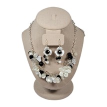 Vintage White Flower Rhinestone Black Enamel Necklace and Earrings Set 16&quot; + 4&quot; - £29.12 GBP