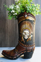 Western Indian Skull Chief with Headdress Faux Tooled Leather Cowboy Boot Vase - £31.96 GBP
