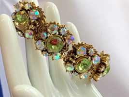Vtg Florenza Bracelet 7.25&quot; Fashion Jewelry Green &amp; Clear Rhinestones Box Clasp - £94.70 GBP