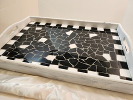 Shabby Chic Black &amp; White Mosaic Glass Wooden Serving Tray with Handles ... - £75.98 GBP
