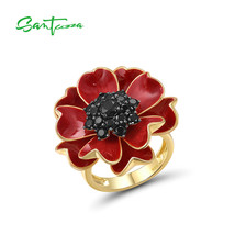 Pure 925 Sterling Silver Rings For Women Black Spinel Red Enamel Blossom Sun Flo - £60.38 GBP
