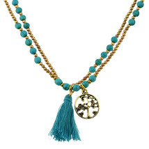 Mystic Tree of Life Tassel Brass and Turquoise Double Strand Necklace - £11.24 GBP
