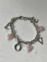 Silvertone Oval Chain w Faux Alternating Pink Plastic Heart Charm &amp; LOVE Bracele - £9.78 GBP